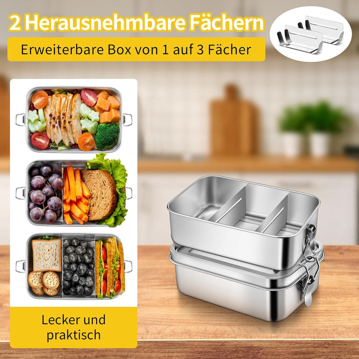 Joyfair Brotdose mit Fächern, 2 Stück Edelstahl Bento Box mit Abnehmbar Fächern für Erwachsene & Kin
