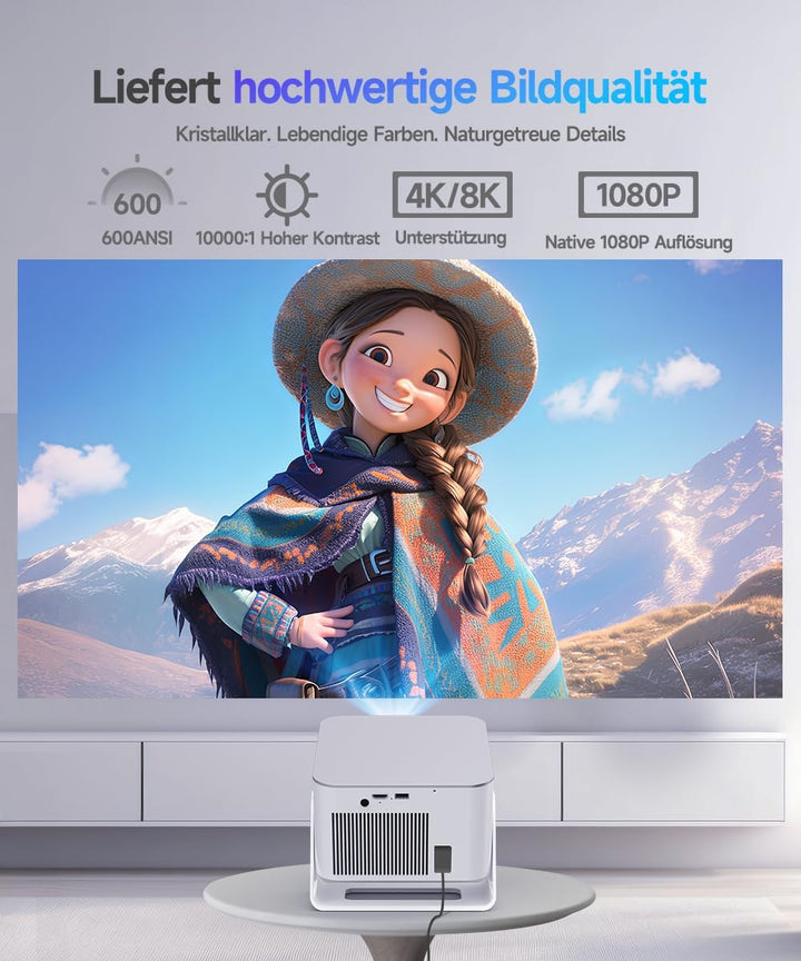 Alwtniet Mini Beamer Projektor 4K 8K Unterstützt, Full HD 1080P Smart Projector mit Android 14, WiFi
