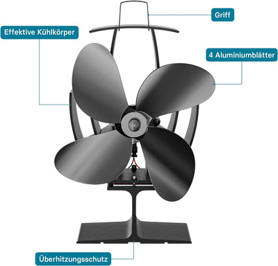 Wiltec Kaminofen Ventilator 4 Blatt Gebläse für Ofen 60-350°C Kaminventilator stromlos