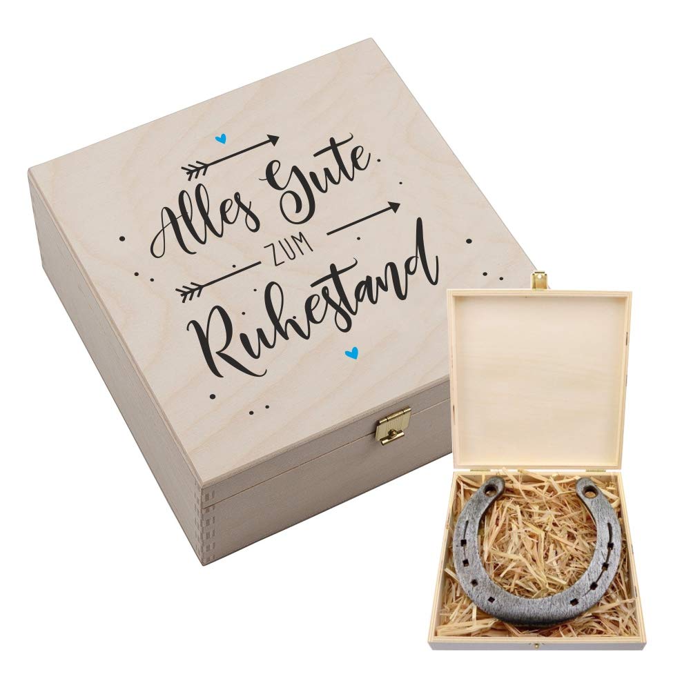 4you Design Echtes Hufeisen in Holz-Geschenkschachtel Alles Gute zum Ruhestand Gravur – 2 Hufeisennä