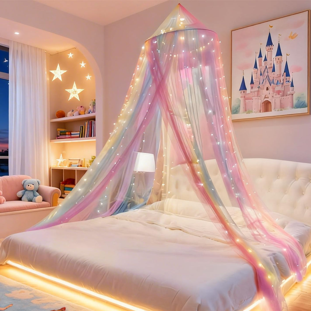 Eimilaly Prinzessin Betthimmel mit 250pcs Warm White Curtain Lichter, Regenbogen Betthimmel für Mädc
