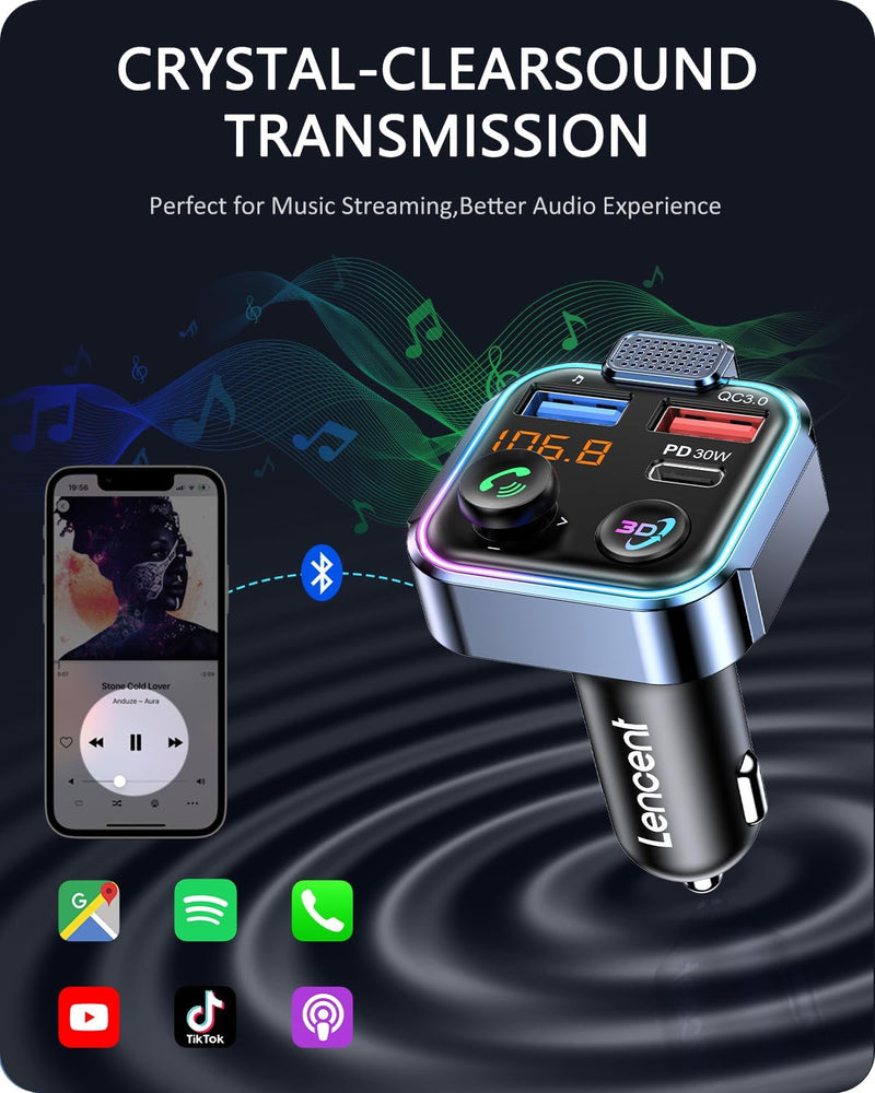 LENCENT Bluetooth 5.3 FM Transmitter, Drahtloser Radio Adapter mit Typ-C PD 30W+ QC3.0 Fast USB Lade