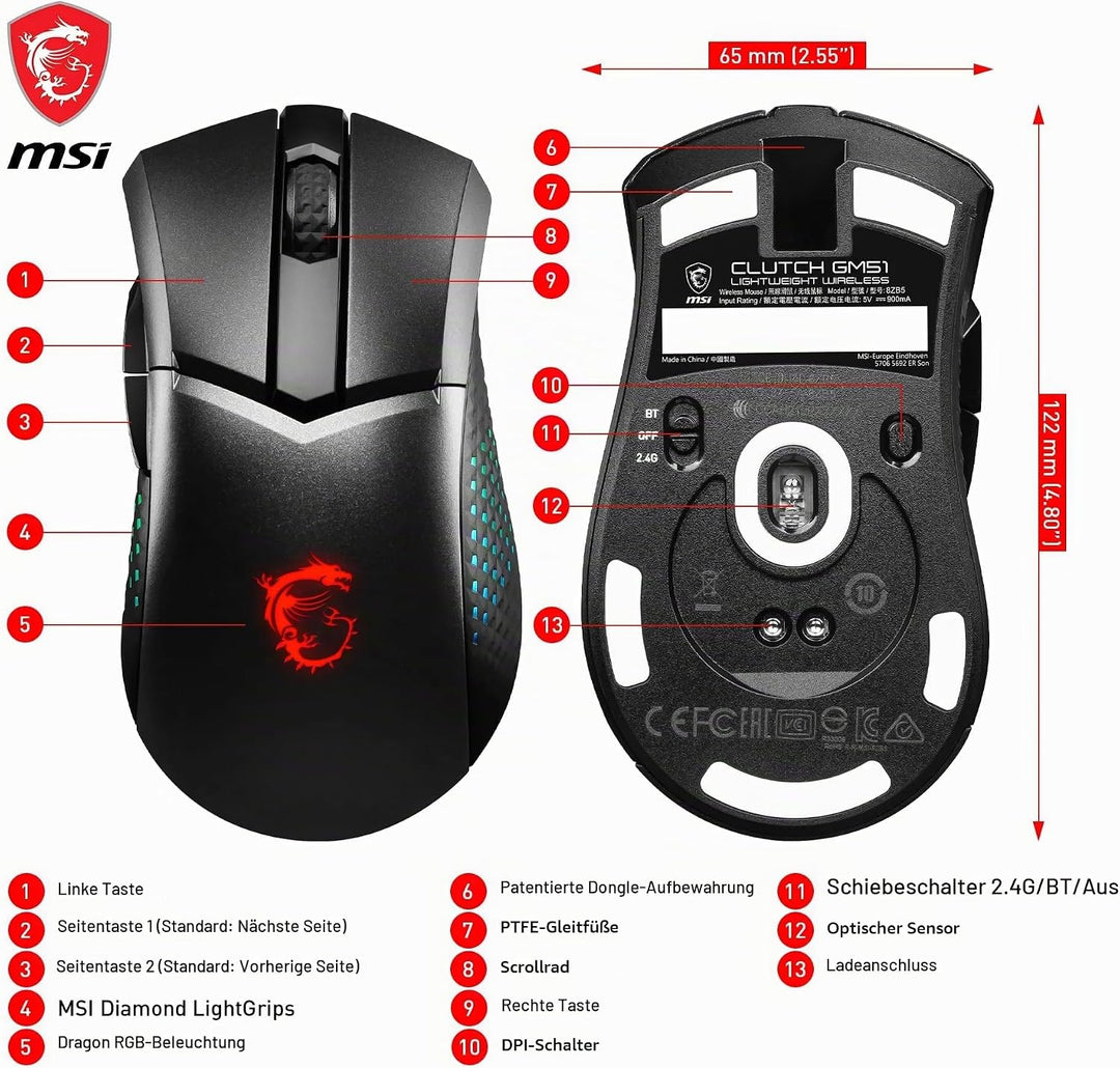 MSI Clutch GM51 Lightweight Wireless Gaming Maus - 26.000 DPI Optischer Sensor, 650 IPS, symmetrisch