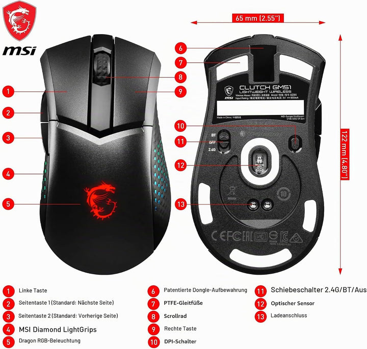 MSI Clutch GM51 Lightweight Wireless Gaming Maus - 26.000 DPI Optischer Sensor, 650 IPS, symmetrisch