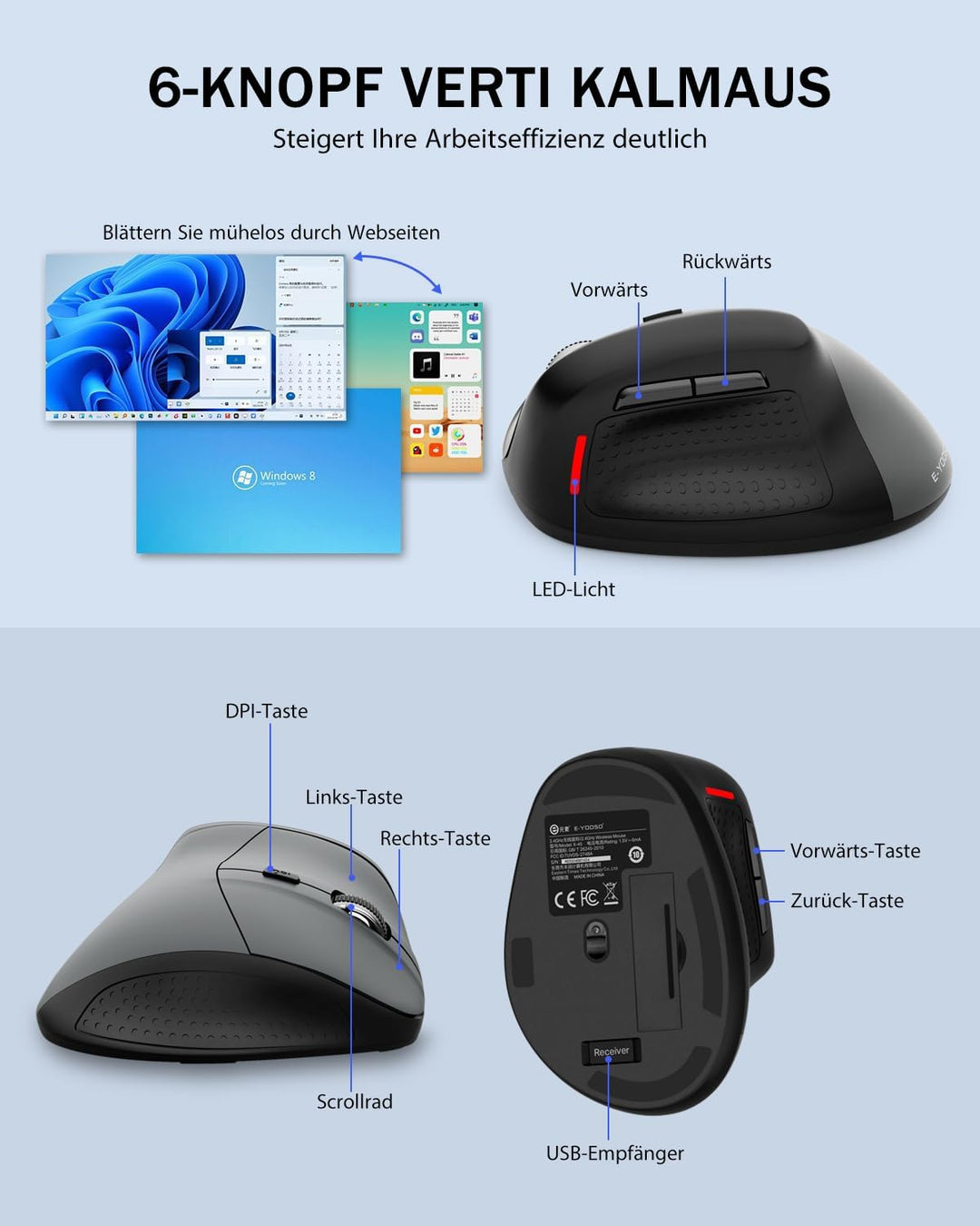 E-Yooso Ergonomische Kabellose Vertical Maus, mit 6 Tasten,Wiederaufladbarer Akku,5 einstellbaren DP