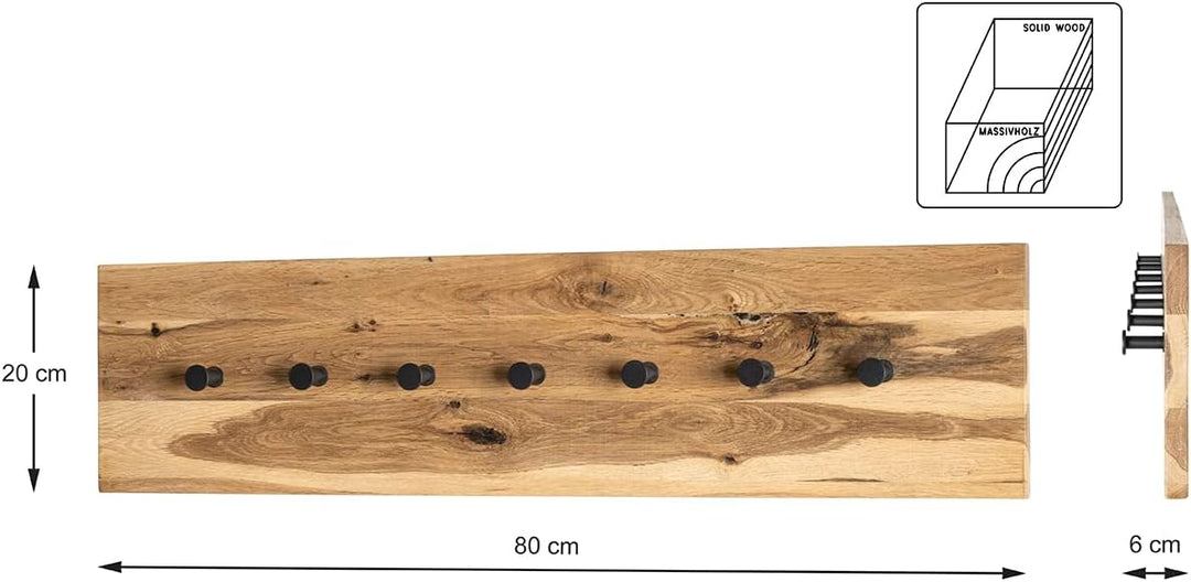 HAKU Möbel Wandgarderobe, Massivholz, eiche geölt-schwarz, B 80 x T 6 x H 20 cm Eiche Geölt-schwarz