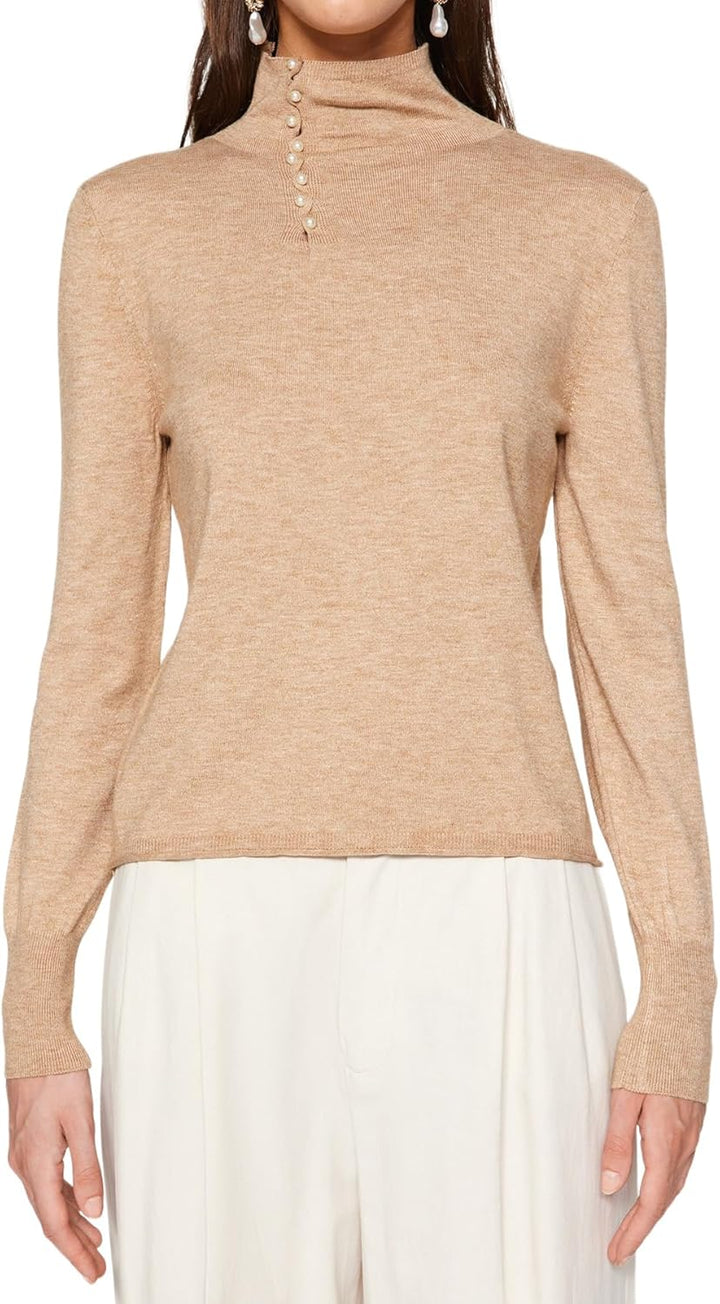 TRENDYOL Damen Slim Fit Basic Standing Collar Knitwear Sweater Pullover M Beige, M Beige