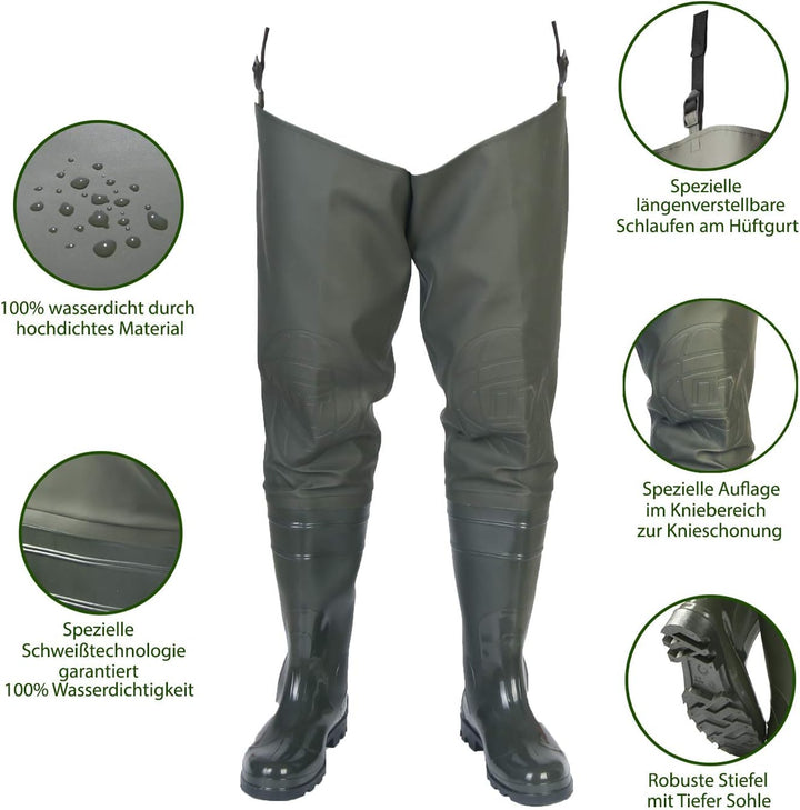 FortMen Watstiefel Herren Anglerhose mit Stiefel wasserdichte Wathose Grösse Gr. 41-47 Lange Watthos