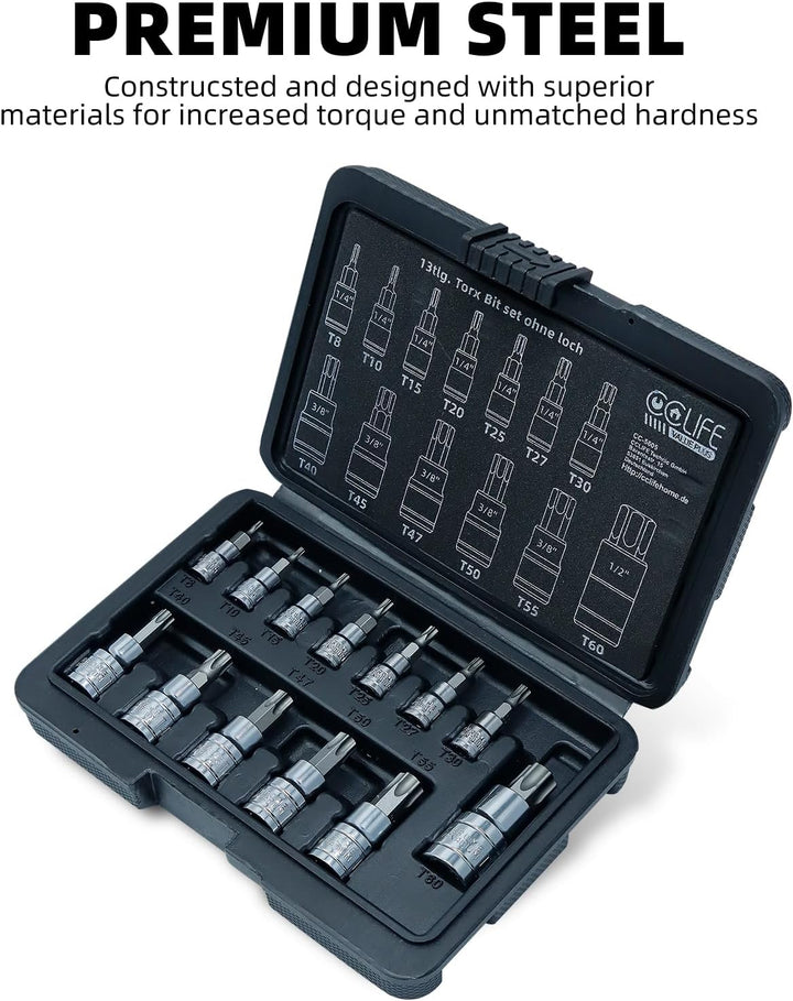 CCLIFE 13tlg Torx Bit Steckschlüsselsatz T8 -T60 bit set fur Drehmomentschlüssel und Bohrer, S2 Legi