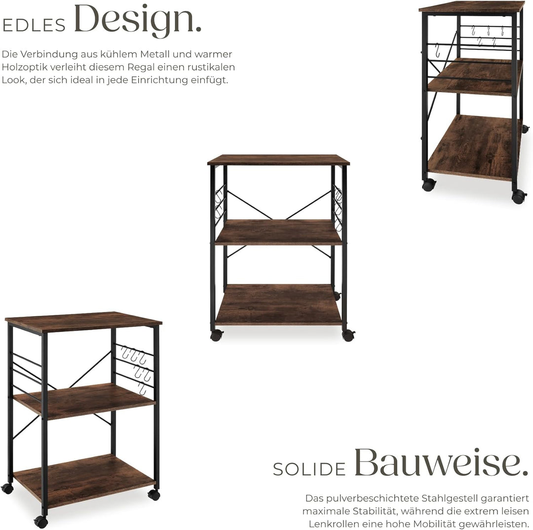 tectake® Industrial Servierwagen mit Rollen, Kücheninsel Küchenregal 3 Ablagen, Küchenschrank, Gewür