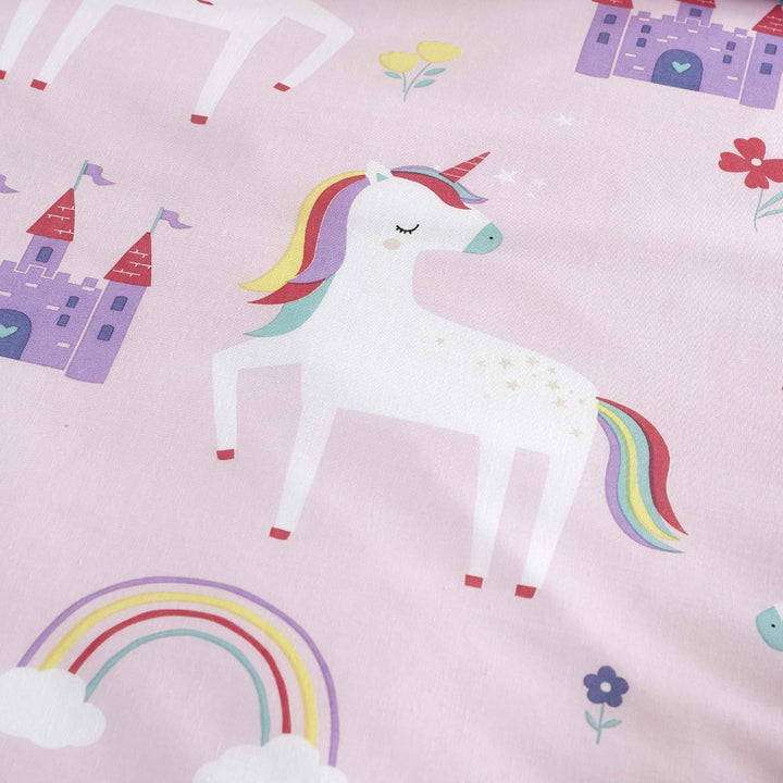 Happy Linen Company Mädchen Bettwäsche-Set - Einhörner, Prinzessin &amp; Regenbögen - wendbar - Rosa - E