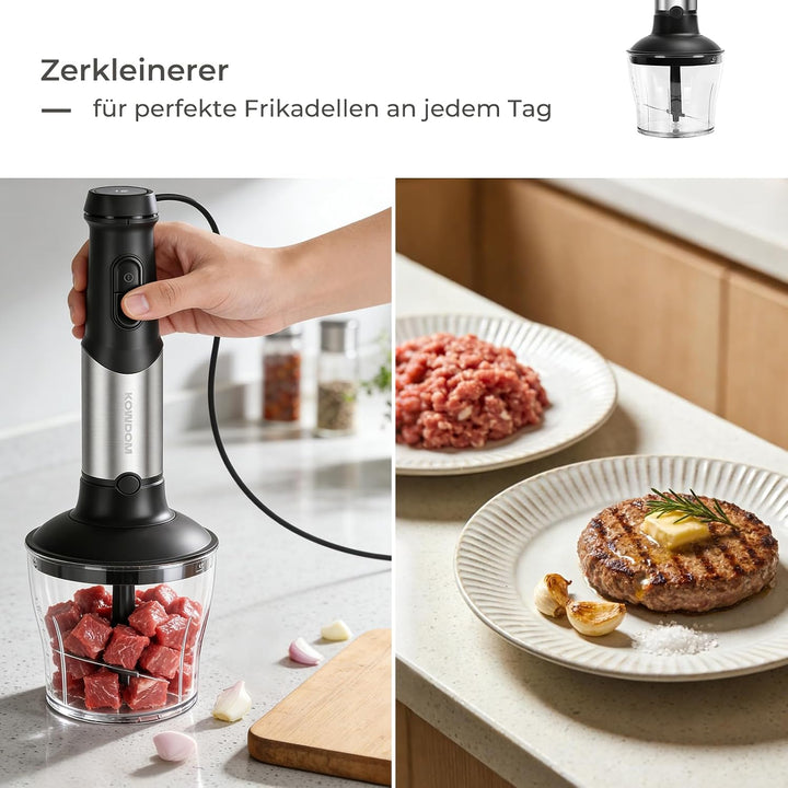 Stabmixer Set 1200W mit 12 Geschwindigkeiten & Turbofunktion – Edelstahl Pürierstab für Suppen, Soss