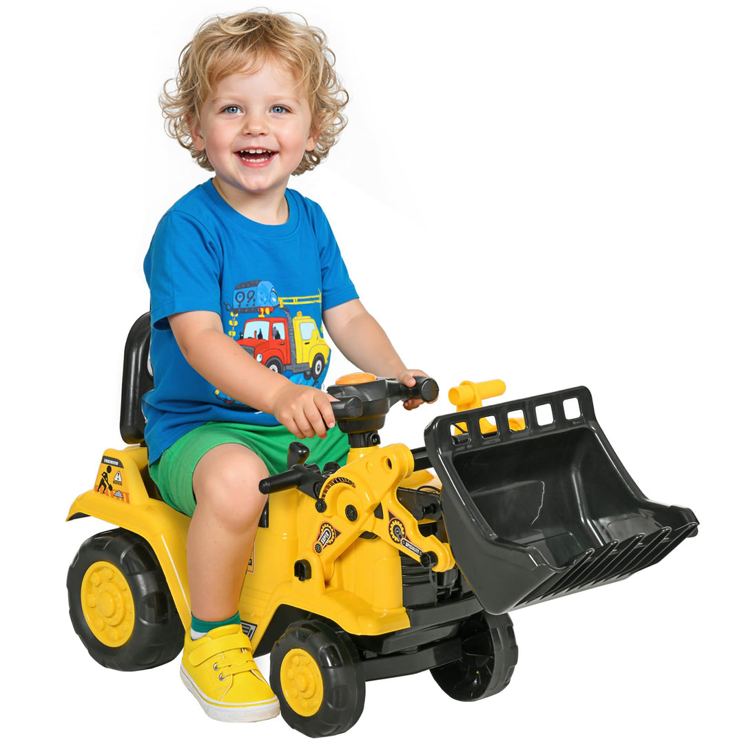 HOMCOM Sitzbagger mit eingebautem Ablagefach Kinder Rutschauto Traktor Kinderbagger mit Hupe Rutsche