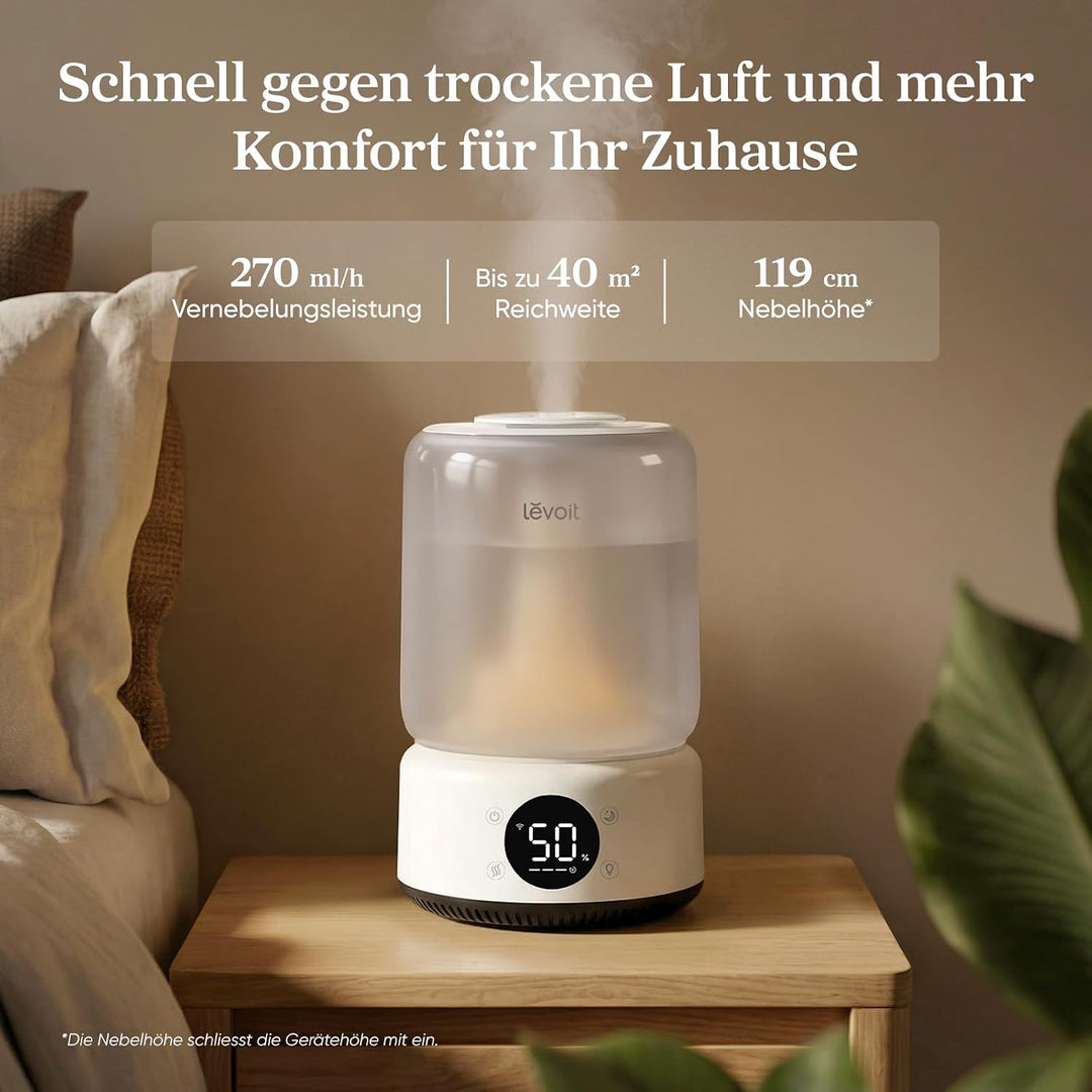 Levoit Smart Luftbefeuchter Schlafzimmer, 4,2 L Top-Fill, Kühler Nebel | leicht zu reinigen, 21 dB H