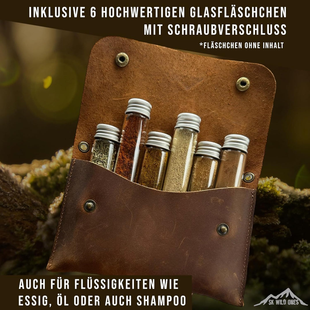 SK Wild Ones® Outdoor Gewürztasche - Echtleder Mit 6 Gewürzdosen Camping - Bushcraft Gewürz Camping