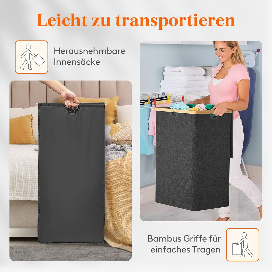 Lifewit 170L Bambus Wäschekorb mit Deckel, Faltbar Wäschesammler 3 Fächer Wäschesortierer mit Abnehm