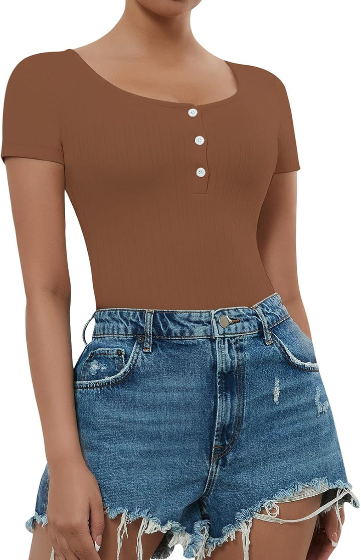 RoomTour Damen Body Elegant Bodysuit Knopf nach unten Stringbody Damen Runder Kragen Bodies for Dame