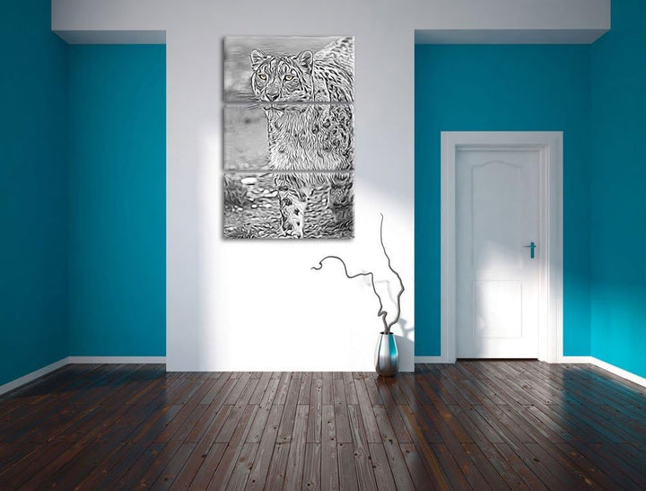 maiestätischer Schneeleopard schwarz/weiss Deluxe 3-Teiler Leinwandbild 120x80 Bild auf Leinwand, XX