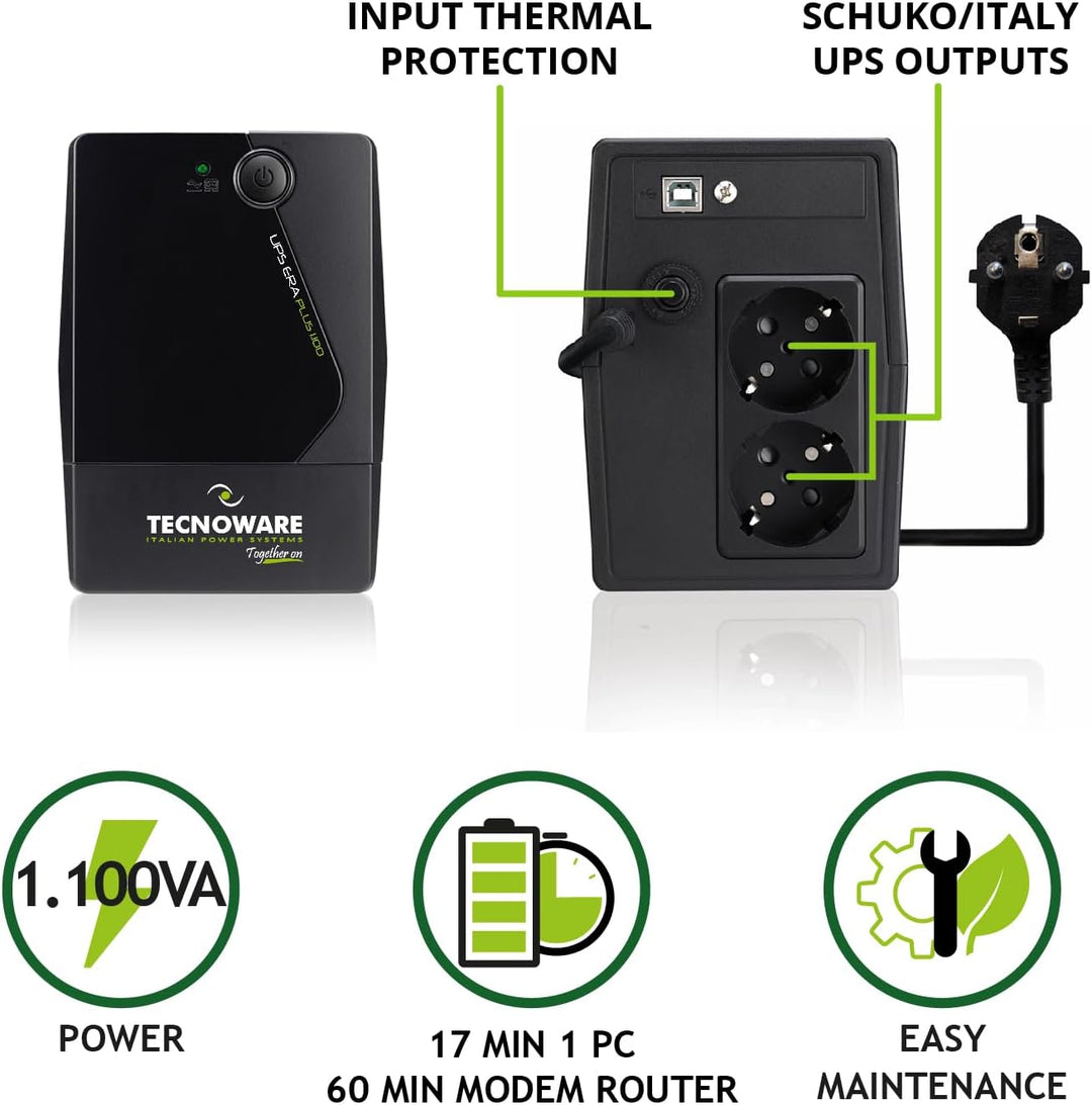 Tecnoware USV ERA PLUS 1100 Unterbrechungsfreie Stromversorgung - 2 Schuko-Ausgänge - Autonomie bis