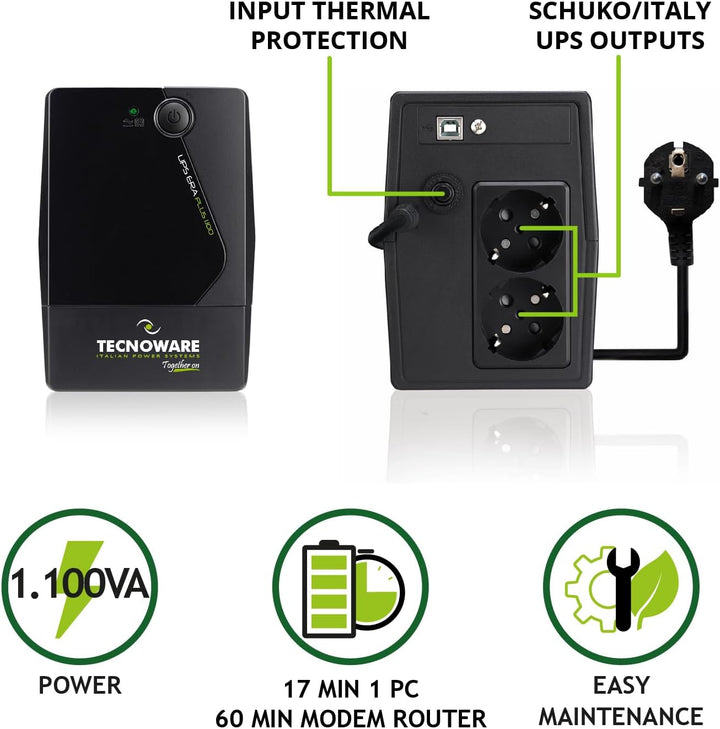 Tecnoware USV ERA PLUS 1100 Unterbrechungsfreie Stromversorgung - 2 Schuko-Ausgänge - Autonomie bis