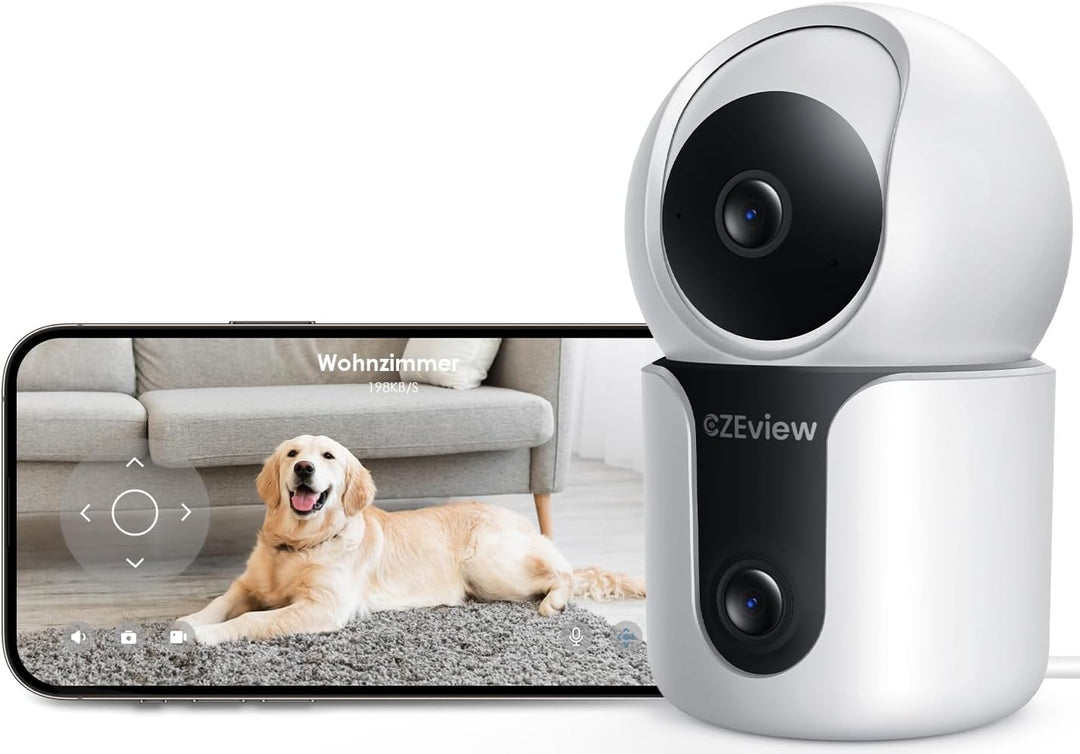 Überwachungskamera Innen mit 2K+2K Dual-Linsen, Nachtsicht, 2,4 & 5Ghz WLAN Kamera Überwachung Innen