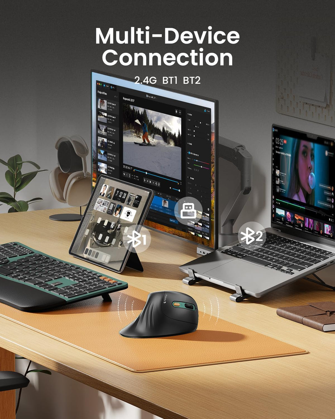 ProtoArc EM11 NL Ergonomische Vertikale Maus, Kabellos Aufladbar Mouse mit 3 Gerät (Bluetooth+Blueto