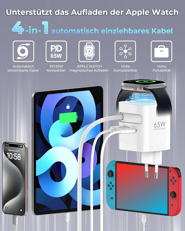 Einziehbares 65W USB C ladegerät mit Kabeln für Apple Watch, 4-Port GaN USB C Ladegerät Netzteil mit