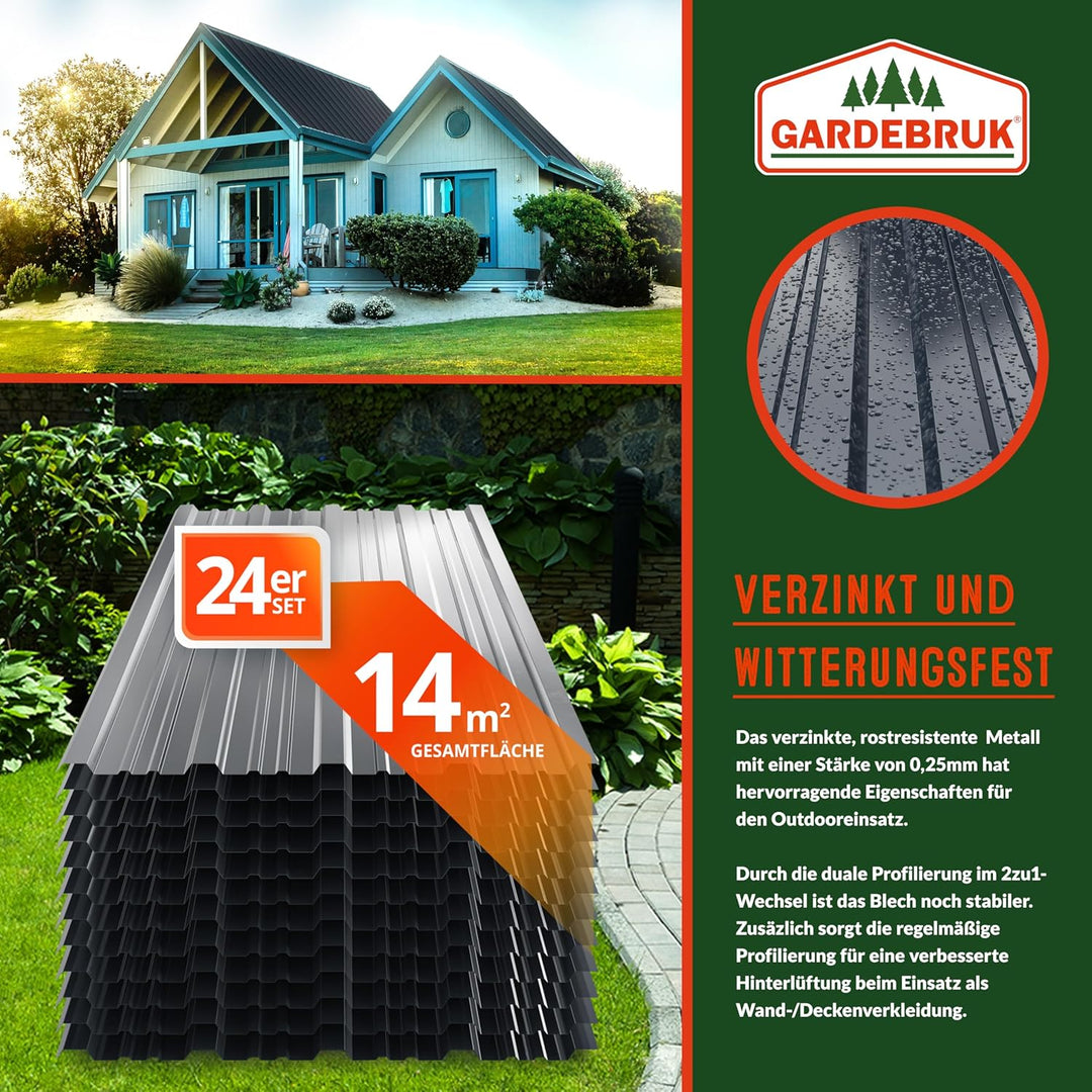 GARDEBRUK® 24x Trapezblech 129x46cm = 14m² Verzinkt Rostresistent Wetterfest Profilblech Dachblech W