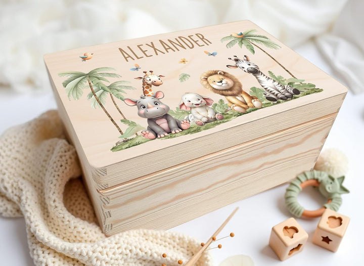 Little Deco Erinnerungskiste Personalisierte Baby Holzkiste | L - 40 x 30 x 20 cm | Safaritiere Gesc