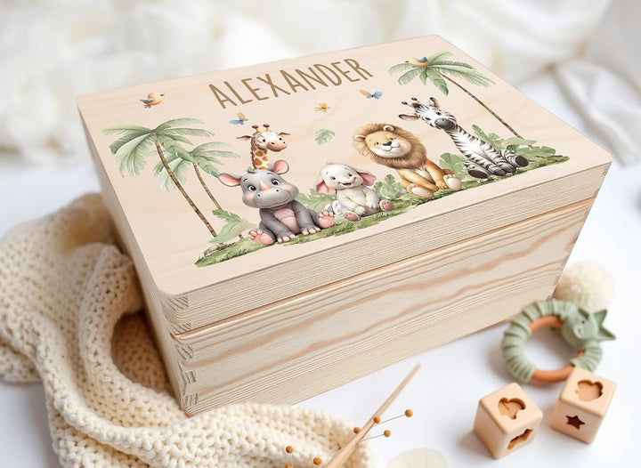 Little Deco Erinnerungskiste Personalisierte Baby Holzkiste | M - 30 x 20 x 13 cm | Safaritiere Gesc