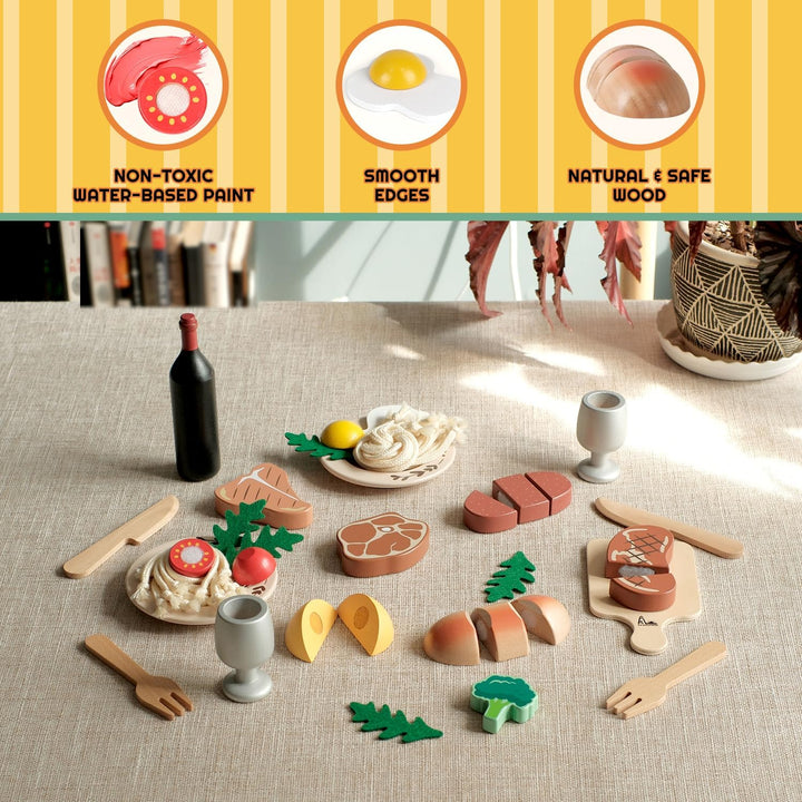 Holz Spielen Essen für Kinder, Steak Spielzeug, Küchenzubehör Set, Restaurant Spielen für 3 + Jungen