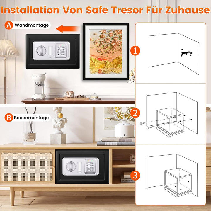 Safe Tresor für Zuhause mit Feuerfester Tasche, 12.4L Digitaler Tresor Klein mit USB-C-Anschluss, Al