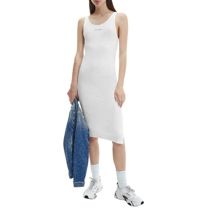 Calvin Klein Jeans Damen Geripptes Trägerkleid mit Mikro-Logo Kleid L Bright White, L Bright White