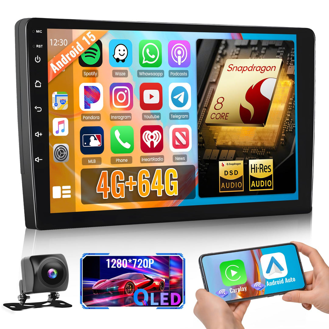 Hikity Qualcomm Snapdragon 8 Core 4+64G Android 15 Autoradio 2 Din Wireless CarPlay Android Auto QLE