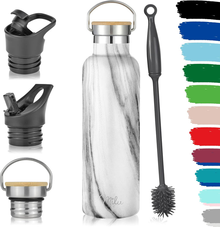 Milu Edelstahl Trinkflasche 500ml, 750ml, 1000ml (+3 Deckel) - Thermosflasche mit Strohhalm, Isolier