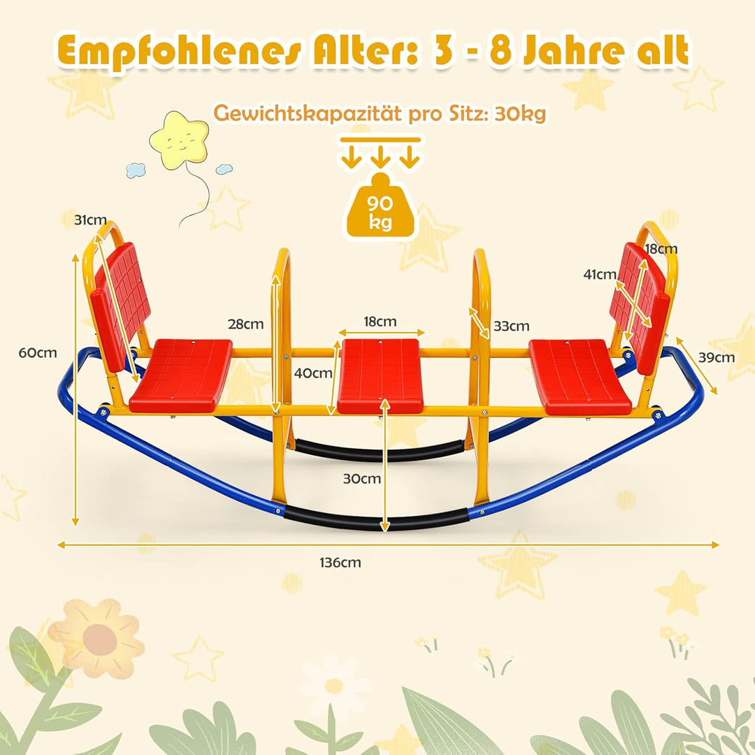 DREAMADE 3 Sitzer Kinder Wippe mit Rückenlehnen und Griffe, Schaukelwippe Metall 136x60x39cm, Karuss