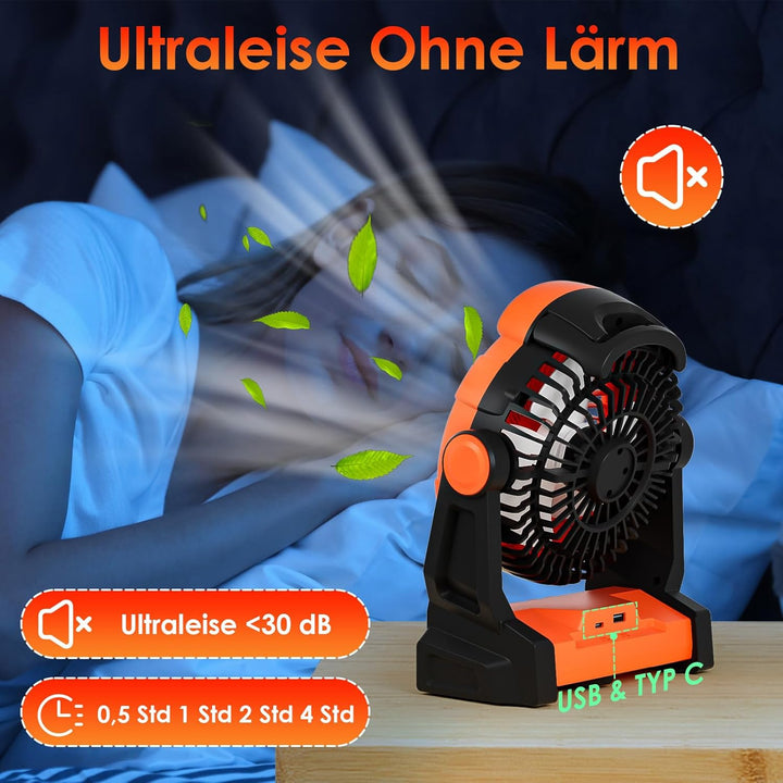 Dreamhigh® 15000mAh Akku Ventilator mit LED Lampe, Tragbarer Camping Ventilator, 3 Geschwindigkeiten