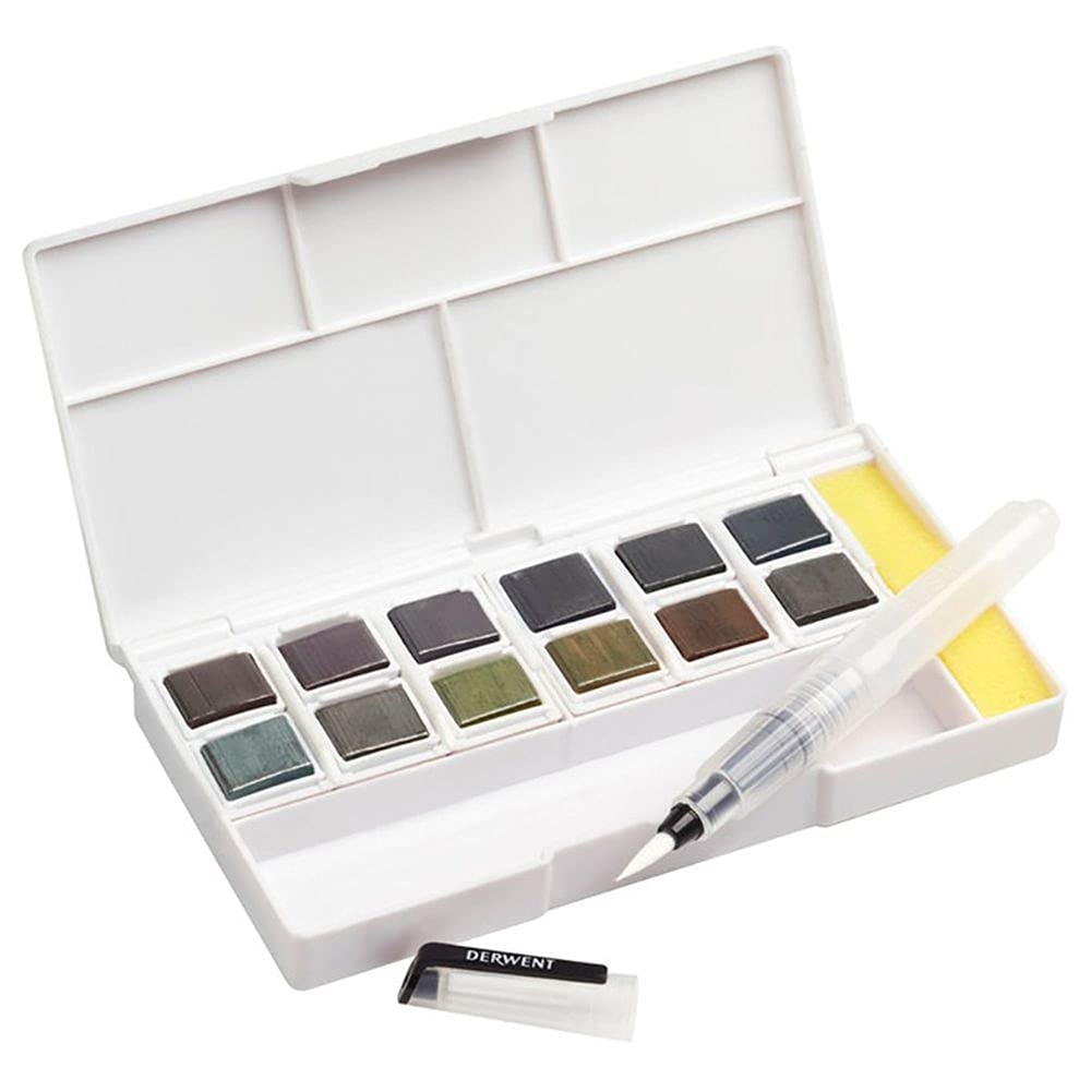 Derwent Graphitint Tragbare Palette mit 12 Farben, Paint Travel Set Palette, Wassertankpinsel & Schw