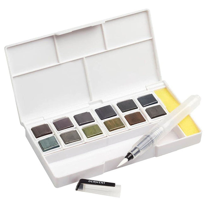 Derwent Graphitint Tragbare Palette mit 12 Farben, Paint Travel Set Palette, Wassertankpinsel & Schw
