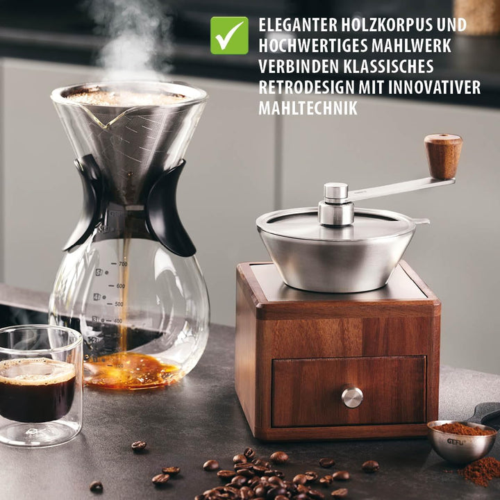 GEFU Kaffeemühle GIRO, 11-stufiges Keramikmahlwerk mit Skala, Bohnenbehälter 50 g, Schublade bis 7 T