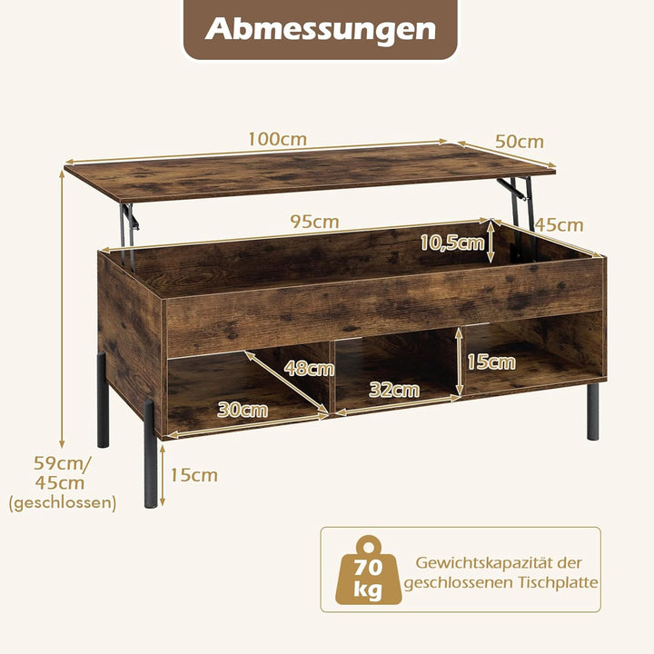 COSTWAY Couchtisch Höhenverstellbar, Beistelltisch mit anhebbarer Tischplatte & 3 offenen Fächern, W