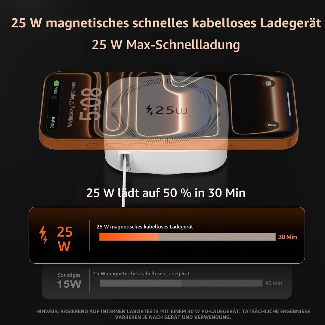 25W Wireless Ladegerät Magnetisches mit einziehbarem USB-C Kabel 0,7 m, 25W Qi2.2 Mag Safe iPhone Sc