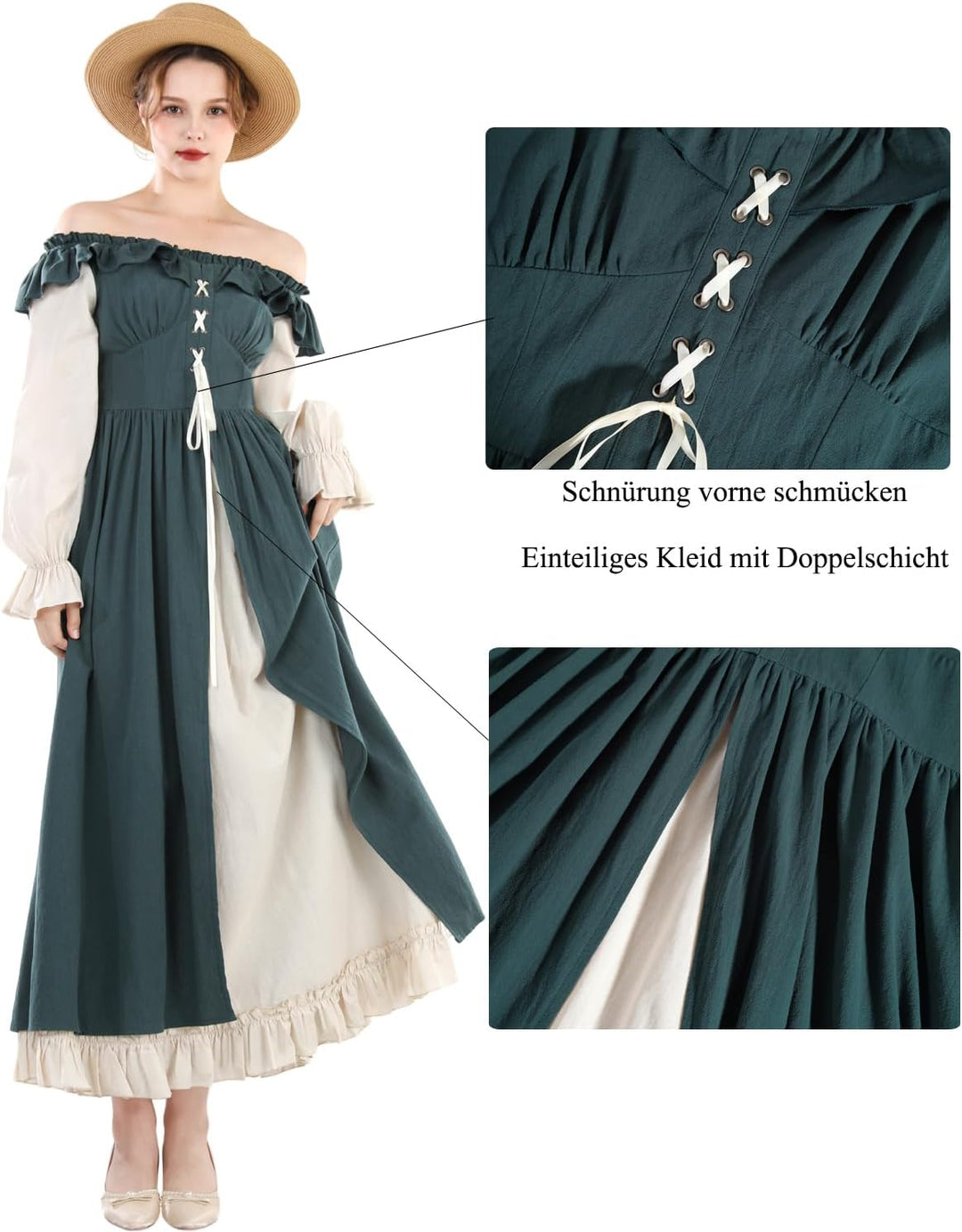 Fiamll Renaissance Kleid Damen Mittelalter Renaissance Faire Kleid Langarm Irisches Kleid Retro Vikt