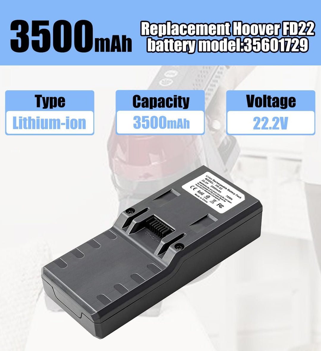 3500mAh Ersatzfür Hoover Modell 35601729 akku, kompatibel mit Hoover Freedom 2in1 22.2V FD22 Staubsa