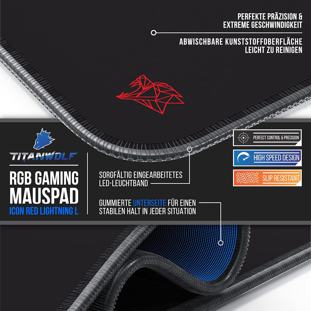 CSL-Computer Titanwolf RGB Gaming Mauspad LED 900 x 400 mm, XXL Beleuchtung, 11 Modi, 7 Farben, wasc