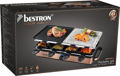 Bestron 2-in-1 Raclette-Partygrill: elektrisches Raclette für bis zu 8 Personen, kratzfester Naturgr