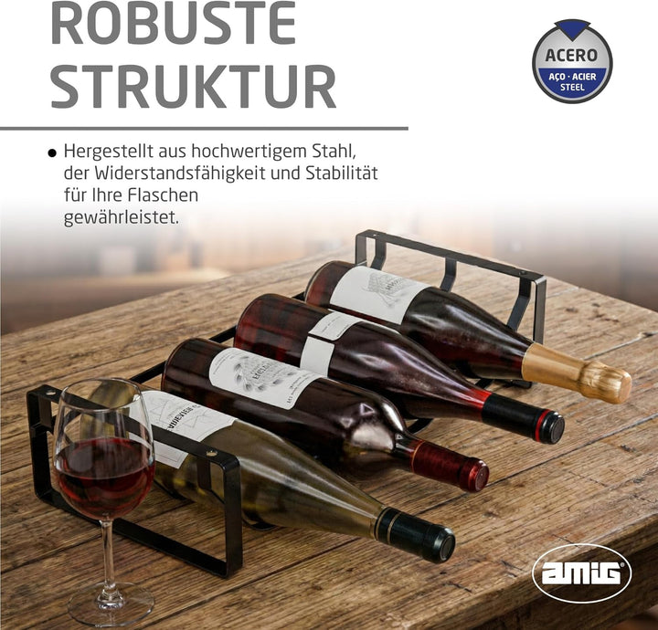 Amig - Flaschenregal für 4 Flaschen - Schwarzes Stahlregal - Flaschenhalter für Küche, Speisekammer,