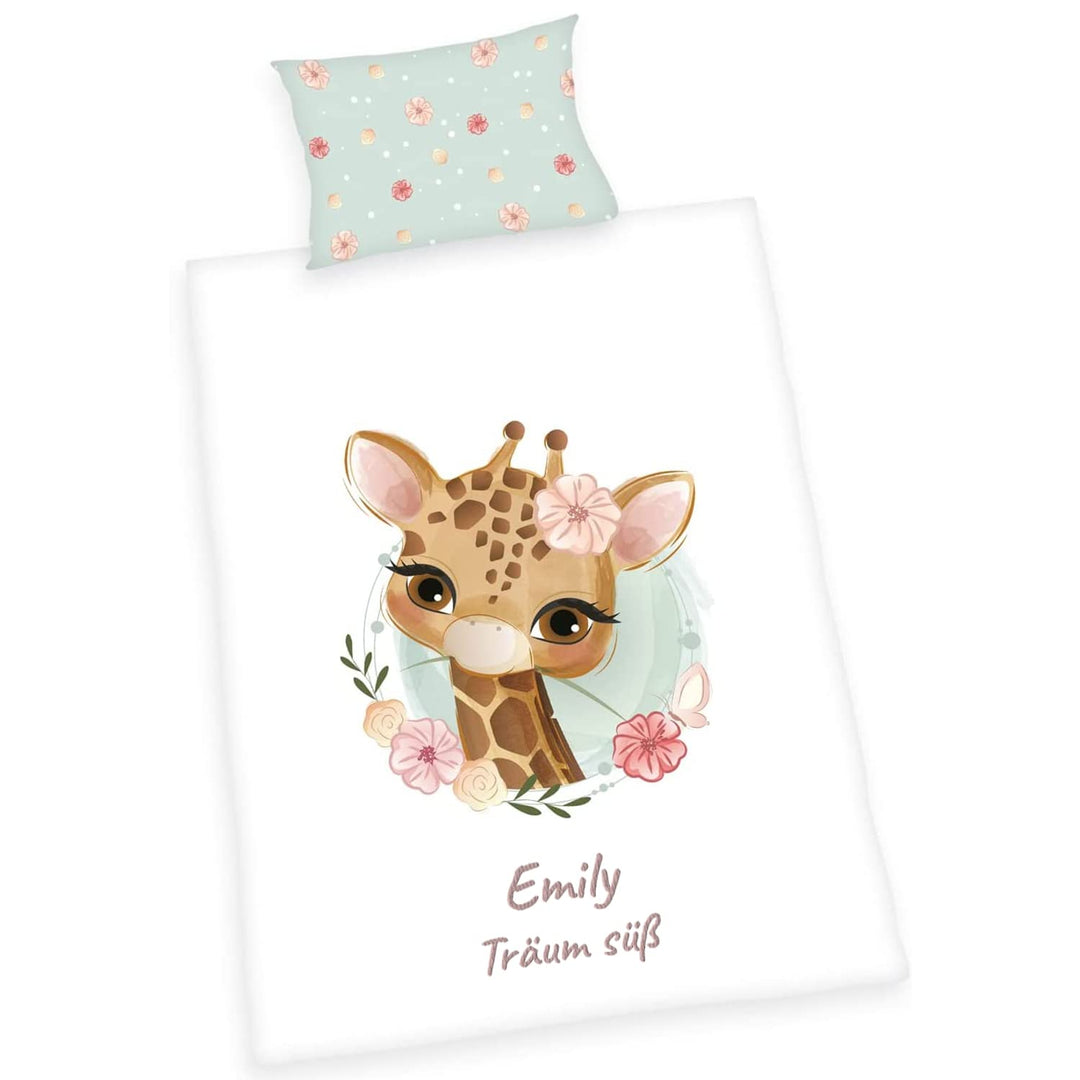 Wolimbo Bettwäsche - Giraffe Motiv - personalisierbar - 100 x 135 cm - Babybettwäsche - Kinderbettwä