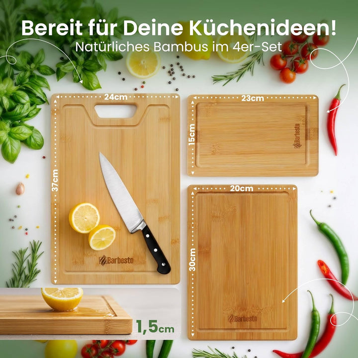 CLP Schneidebrett Bambus-Holz 4er Set Bamio, messerschonend und antibakteriell, extradicke Servierbr