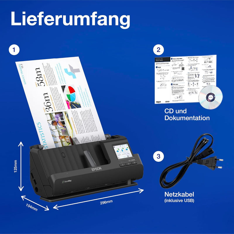 Epson Netzwerk Scanner ES-C380W, kompakter A4 Business Scanner mit geringem Stromverbrauch, Duplex-E